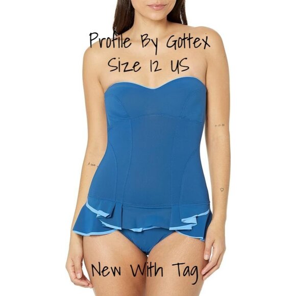 Profile by Gottex Blue Bandeau One-Piece Swimdress Swimsuit Size 12 New With Tag
